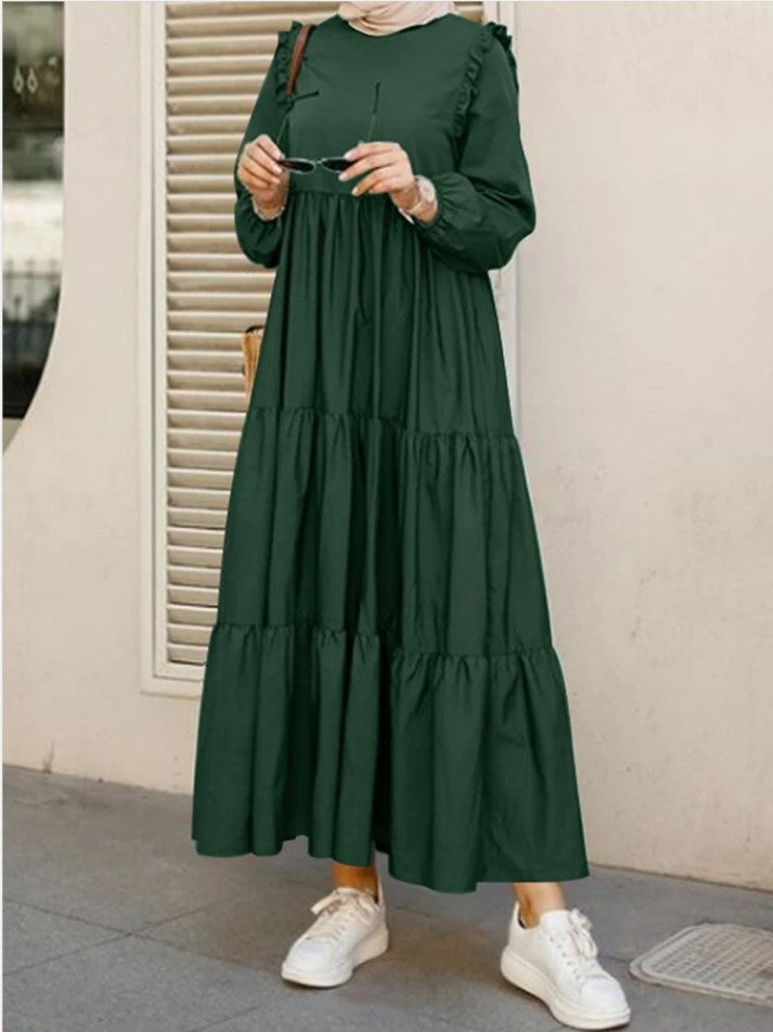 Plus Size Muslim Ruffled Long Sleeves Pleated Hem Solid Color Maxi Dress