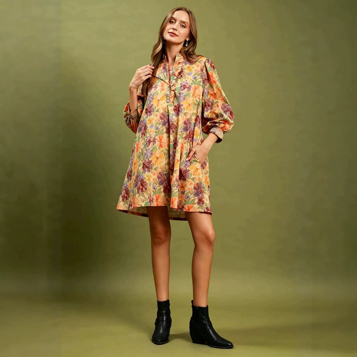 Women's Casual Retro Flower Printed Long Sleeve Loose Dress