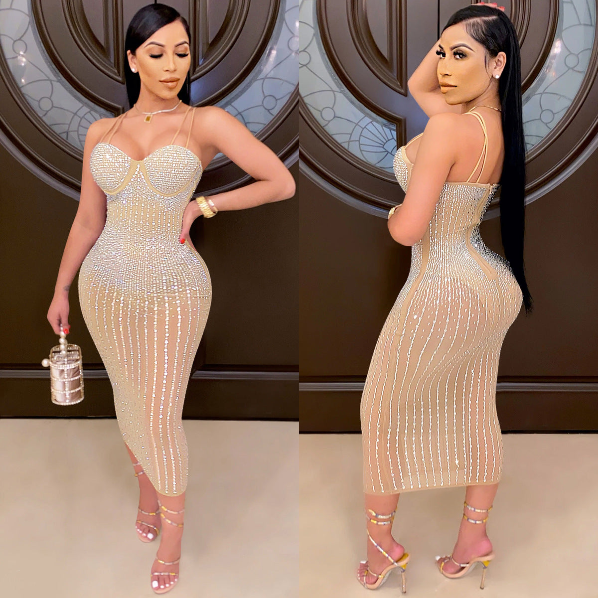 Women's Sexy Mesh Rhinestone Spaghetti Strap Bodycon Dress
