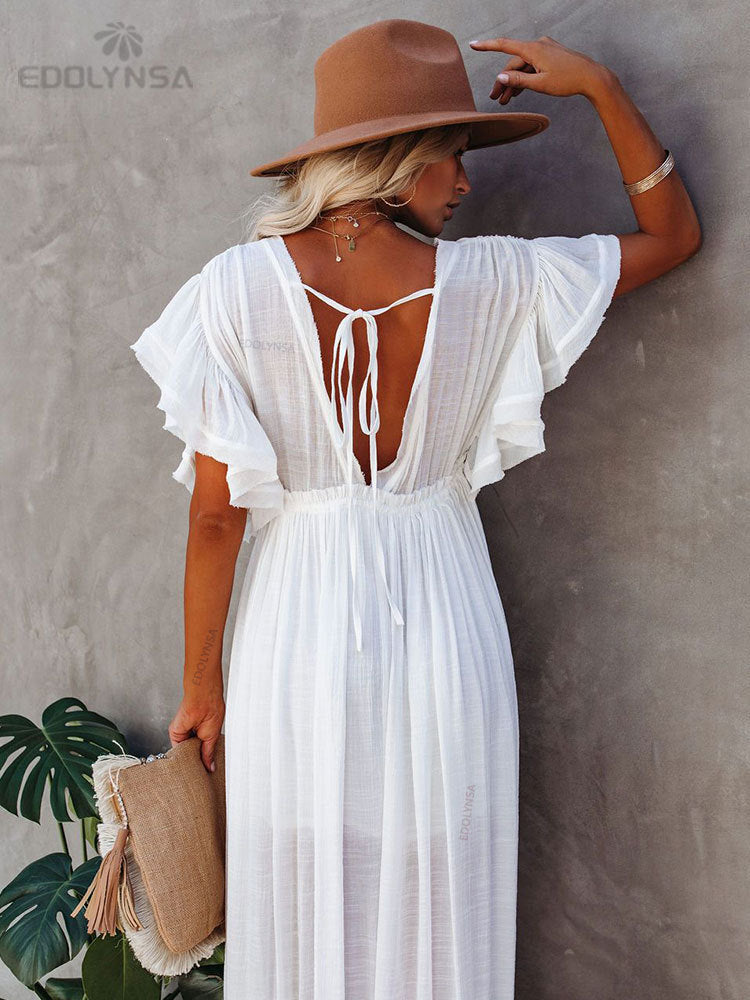 Sexy Deep V-Neck Butterfly Sleeve Self Belted High Waist Button Front Open Dress