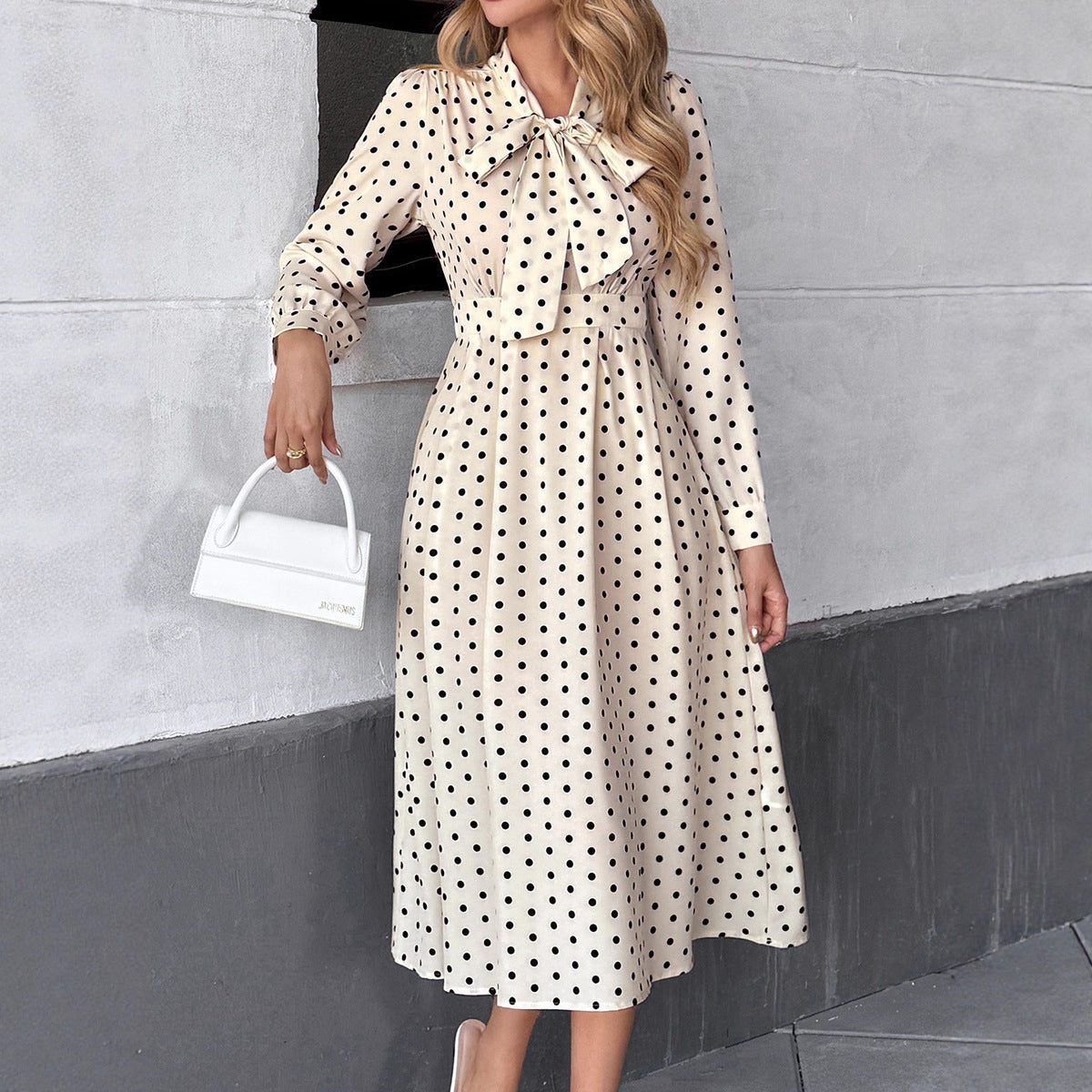 Women's Casual Elegant Polka Dot Print Bowknot Long Sleeve Tight Waist Dress