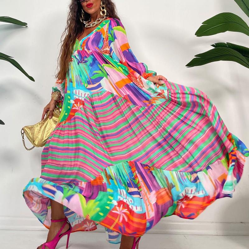 Oversized V-Neck Color Blocking Graphic Printed Women Pleated Maxi Dress