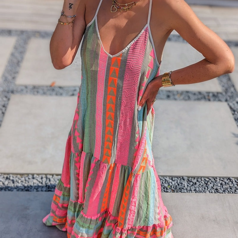 Women's Casual V-Neck Strap Geometric Print Maxi Dress