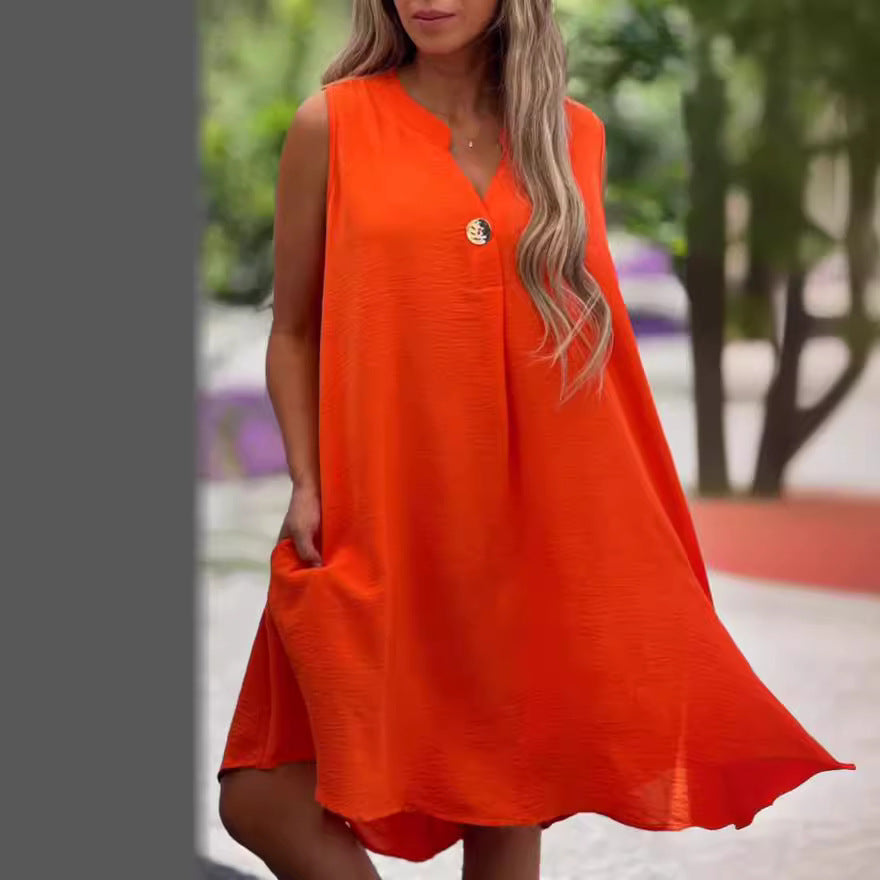 Women's Summer Casual V-Neck Solid Color Sleeveless Midi Dress