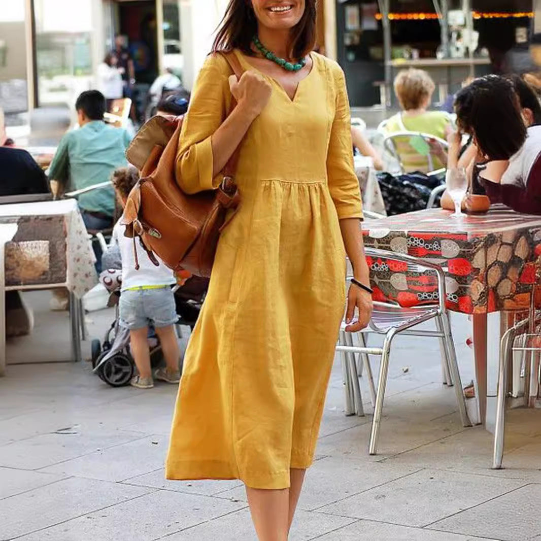 Women's Plus Size Summer Cotton Linen V-Neck Casual Midi Dress