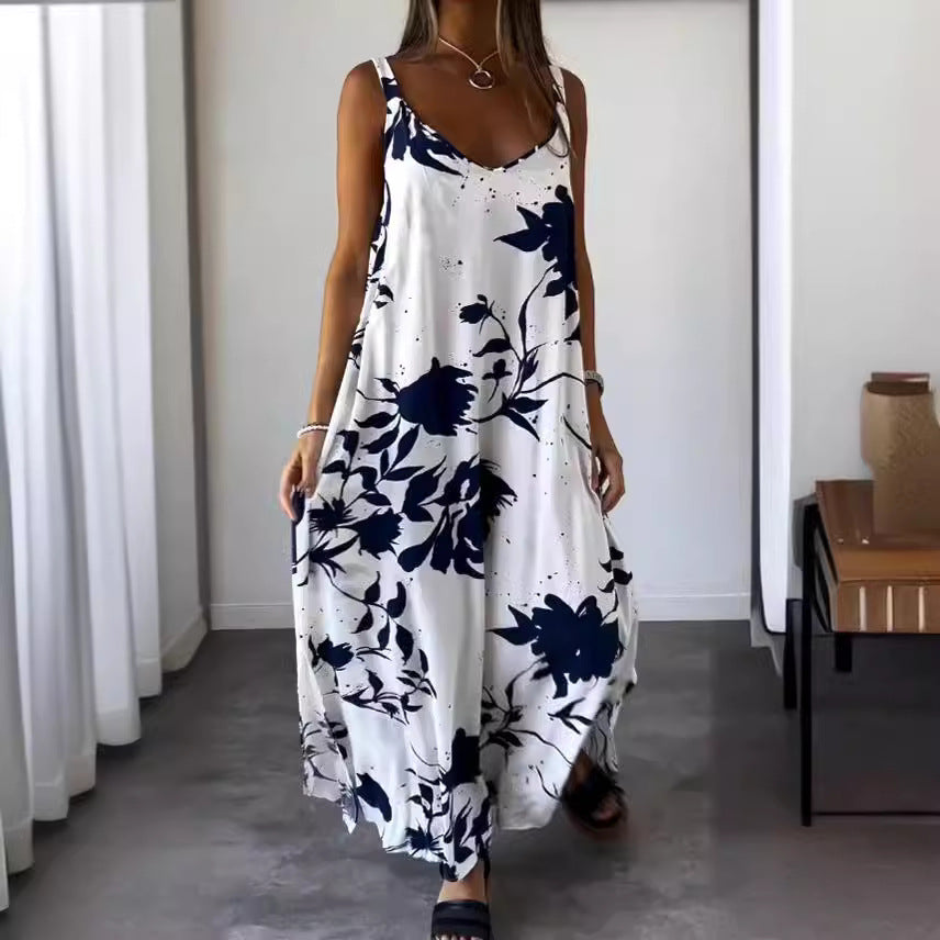 Women's Summer Casual V-Neck Sling Floral Print Maxi Dress
