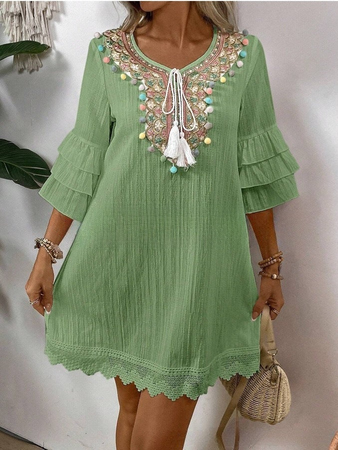 Women's Boho Vacation Multicolor Pompom Tassel Lotus Leaf Sleeve Loose Dress