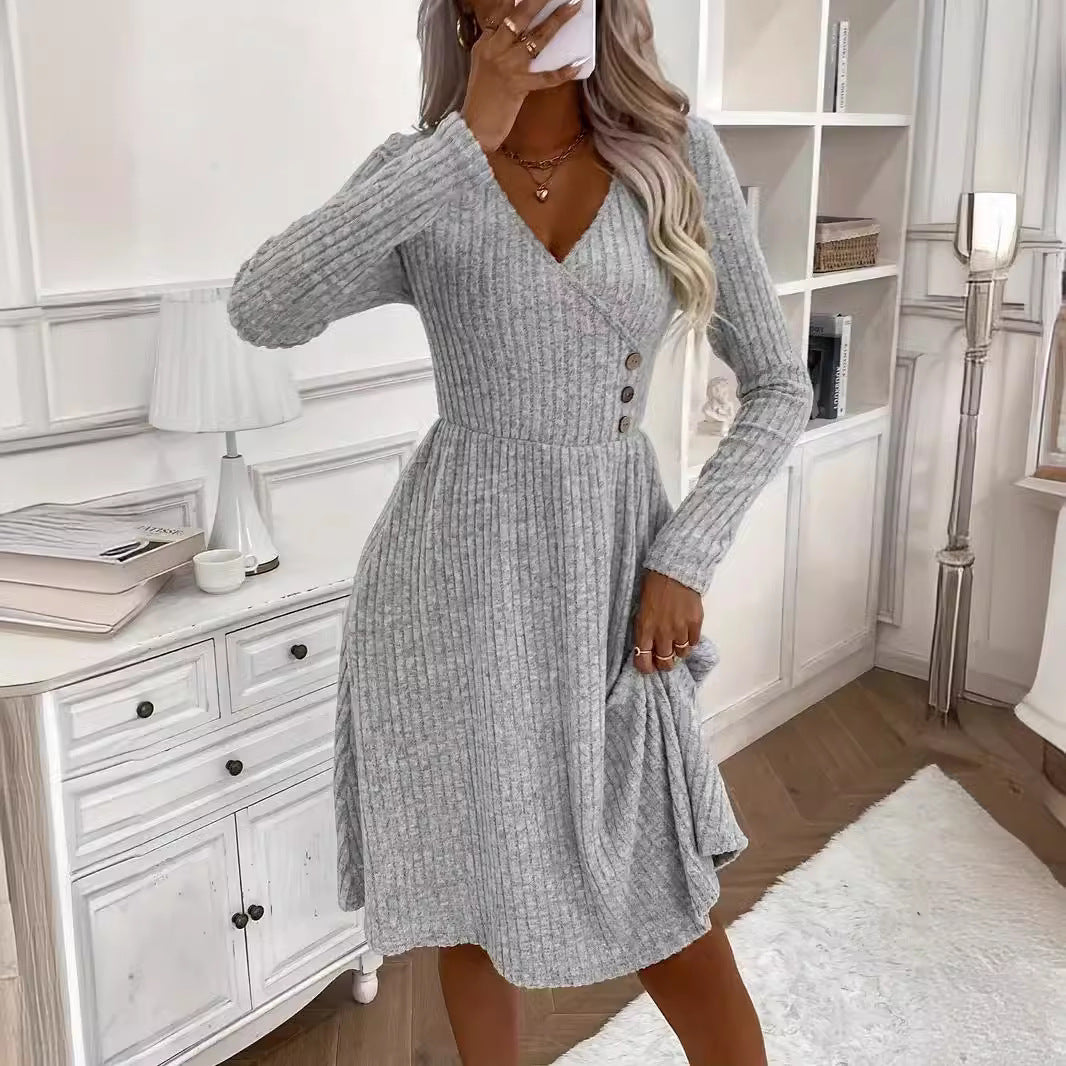 Women's Autumn Winter Solid Color V-Neck Long Sleeve Knitted Midi Dress