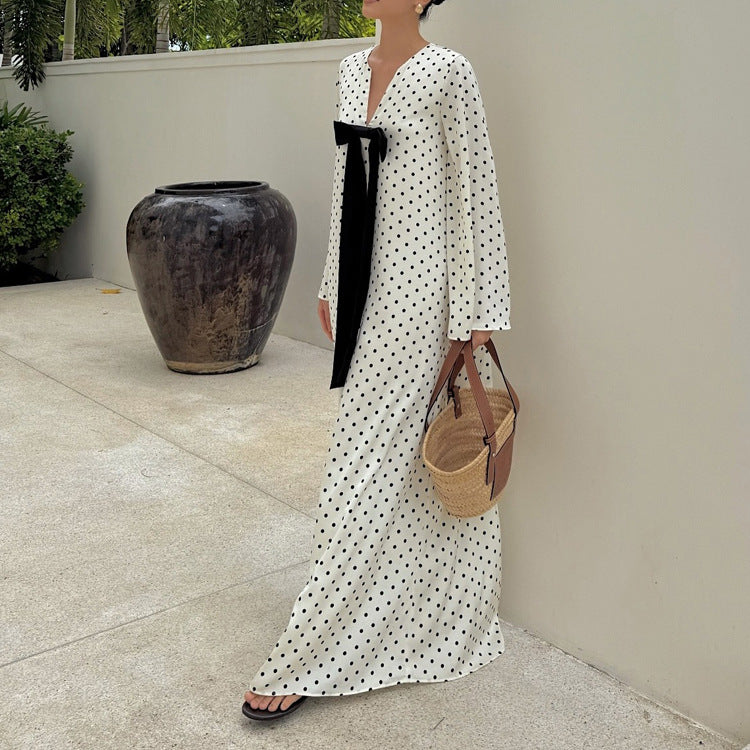 Women's Casual Spring Polka Dot Bowknot V-Neck Long Sleeve Loose Dress