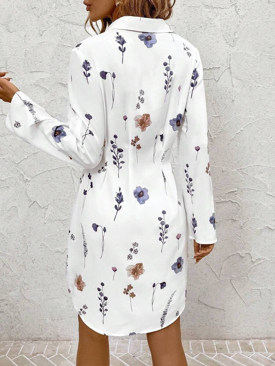 Women's Floral Printed Lapel Button Dress-Midi, Length Long