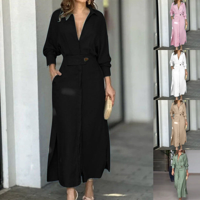 Women's Casual Elegant V-Neck Long Sleeve Split Maxi Dress