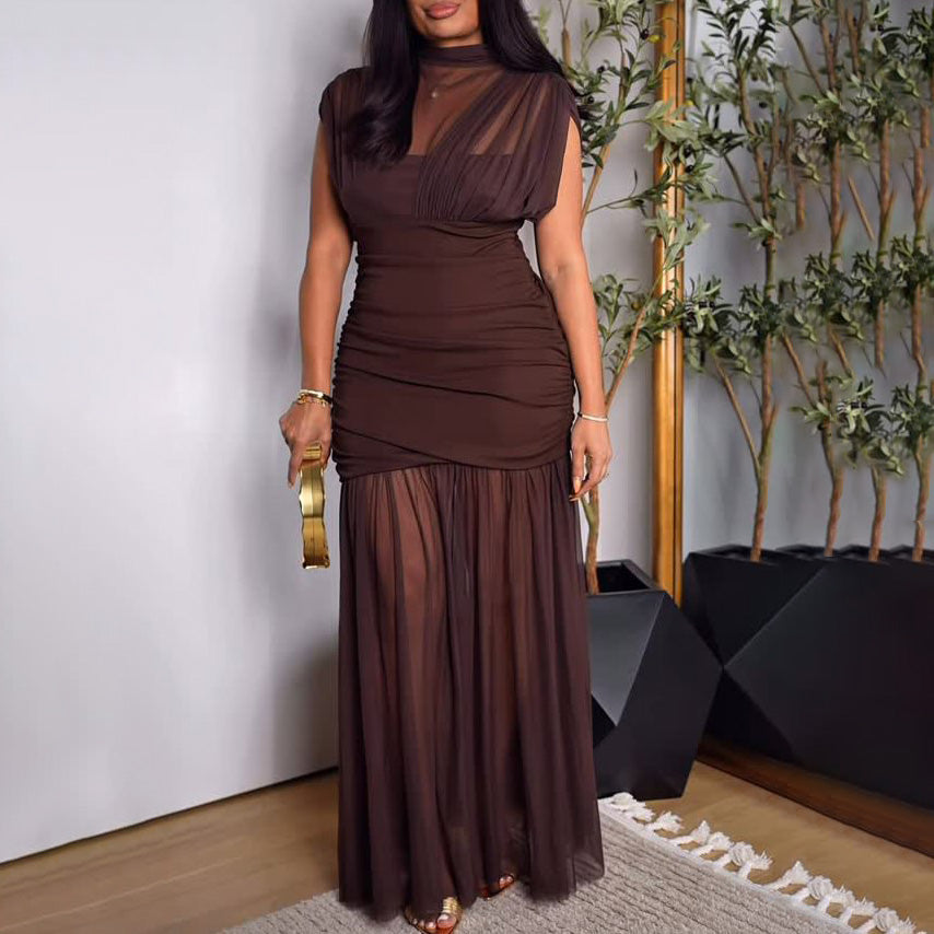 Women's Sexy Silk Mesh Double-Layer Pleated Slim-Fit Maxi Dress