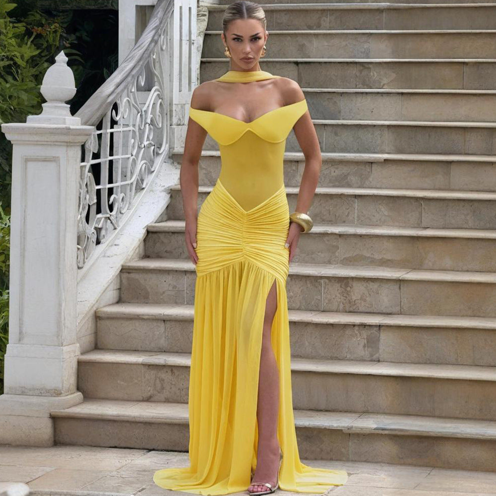 Women's Sexy Mesh Off-Shoulder Backless Long Dress, with V-Neck