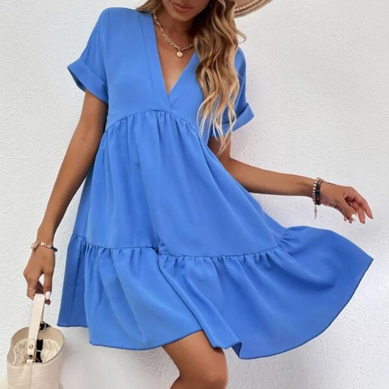 Women's Summer Casual V-Neck Short Sleeve Large Swing Dress