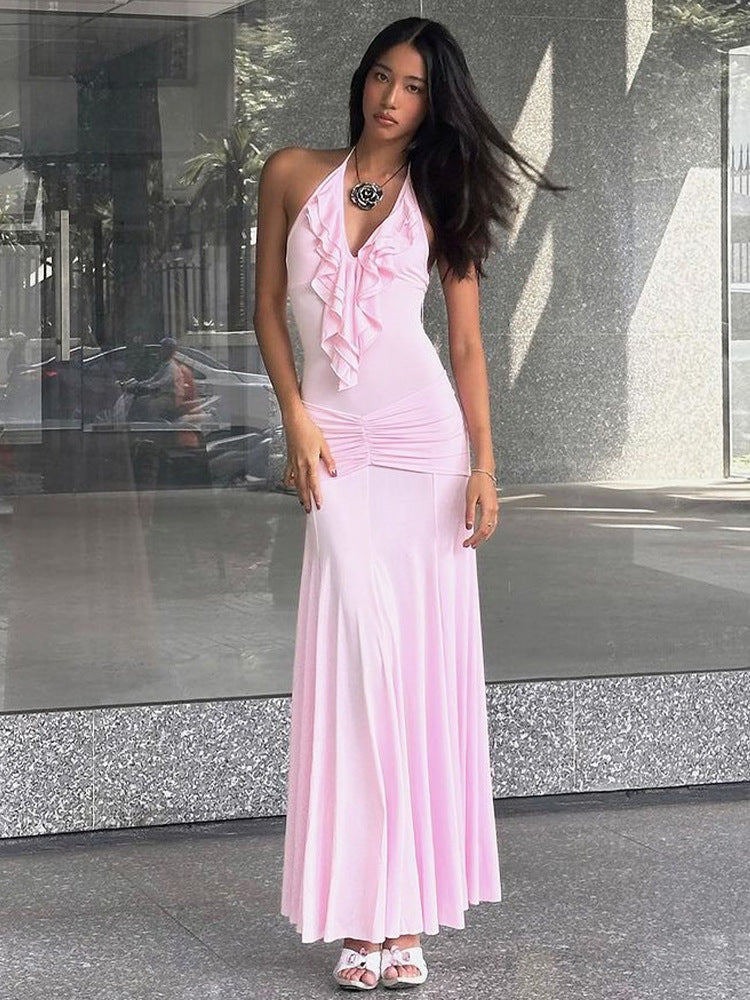 Women's Elegant Solid Color Ruffled Neck Backless Bodycon Maxi Dress
