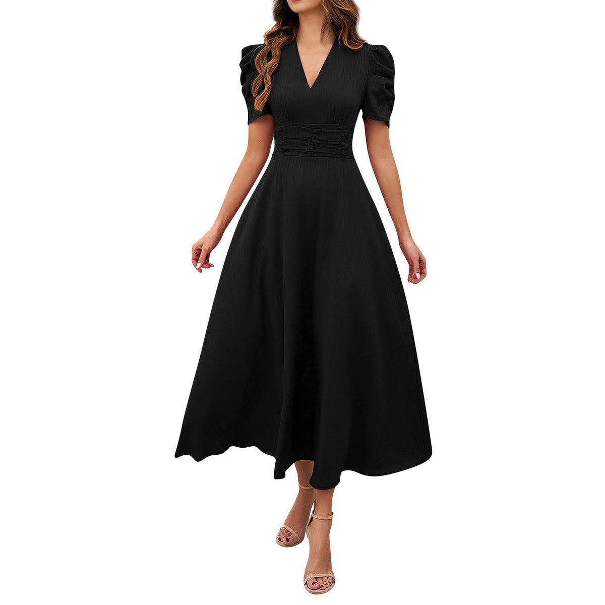 Women's Casual Spring and Summer Solid Color Short Sleeve High Waist Dress