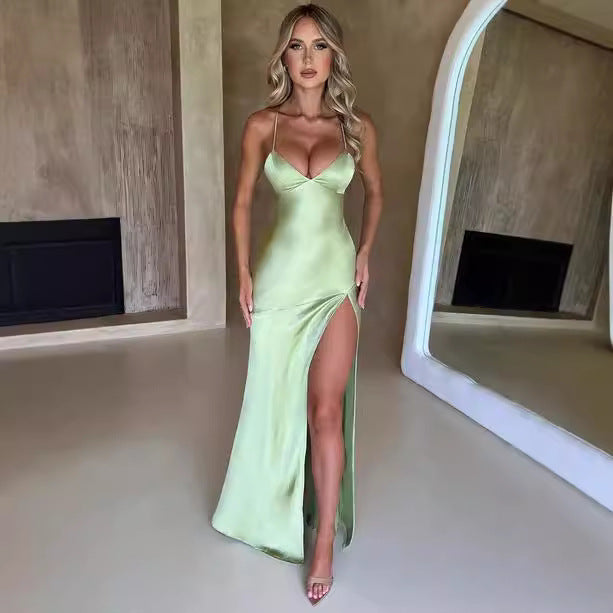 Women's Summer Spaghetti Strap Solid Color Satin Backless Side-Slit Maxi Dress