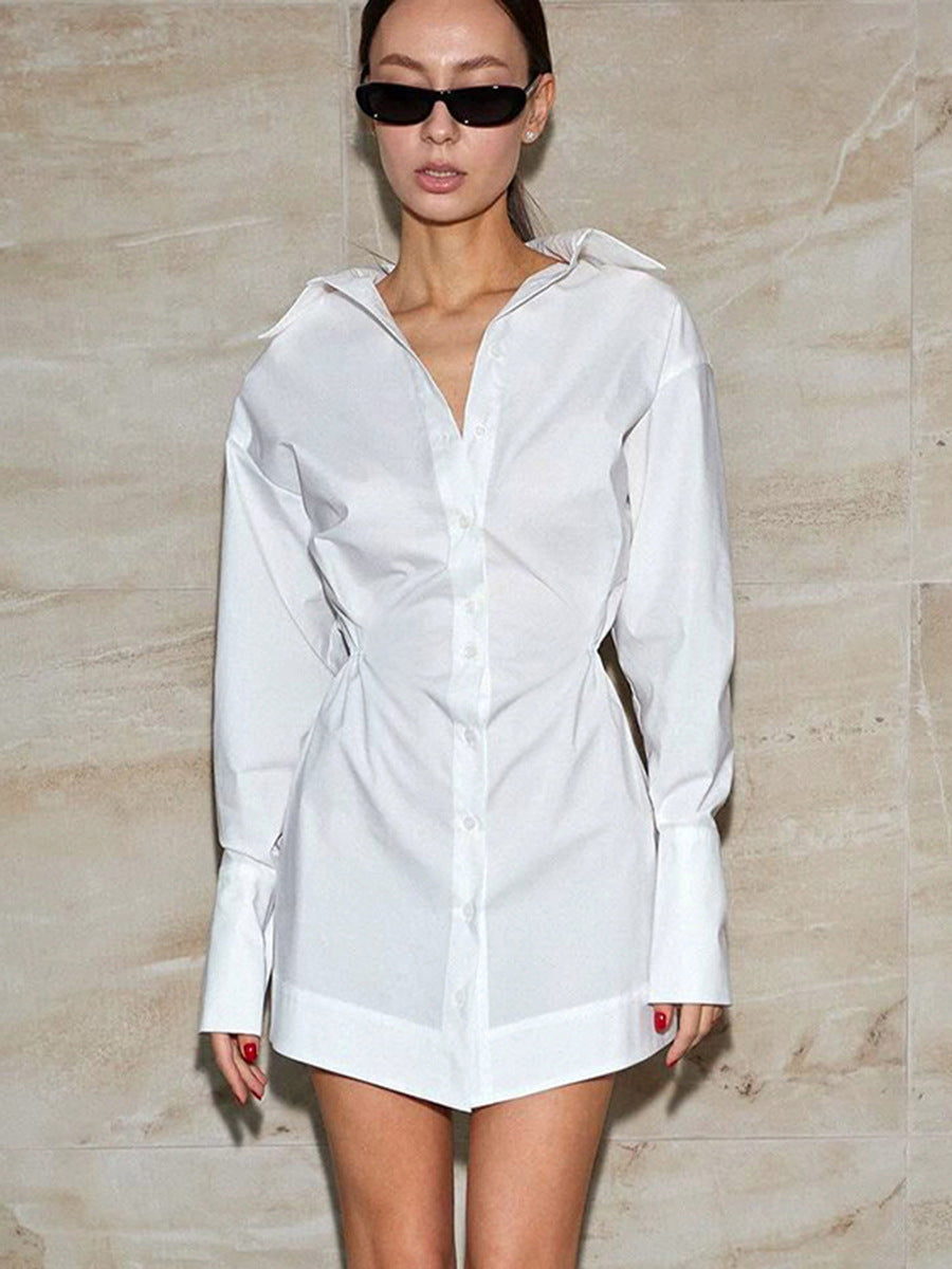 Women's Casual Office Solid Color Cotton Long Sleeve Tight Waist Dress
