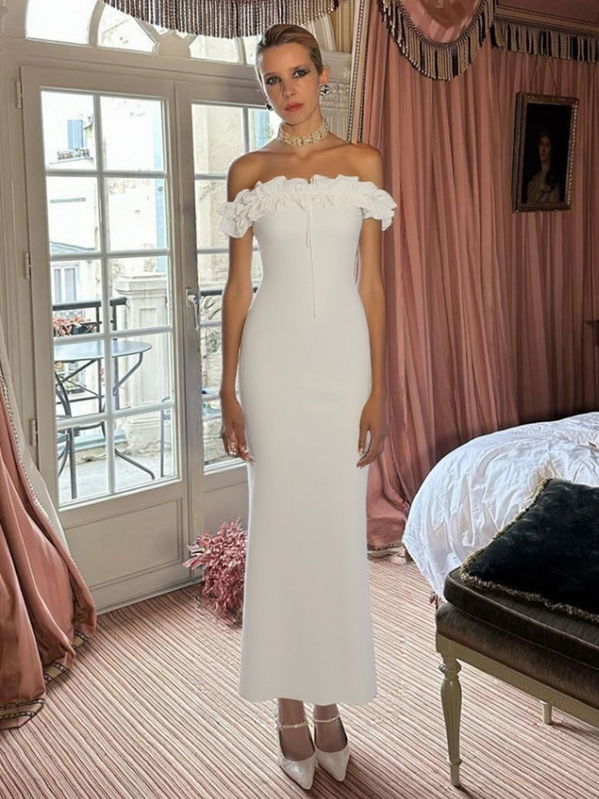 Women's Summer Sexy Off-Shoulder Ruffled Bodycon Maxi Dress