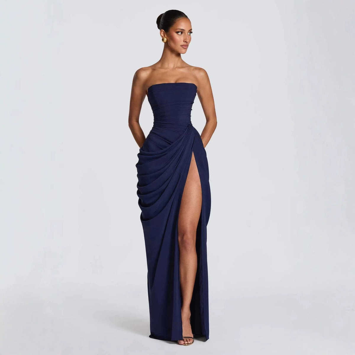Women's Sexy Summer Solid Color Asymmetric Pleated High Slit Dress