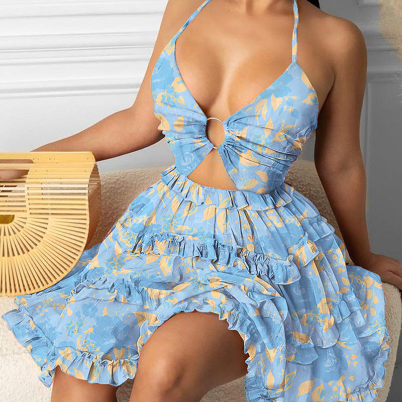 Women's Summer Floral Print Hollow Neck Mini Dress
