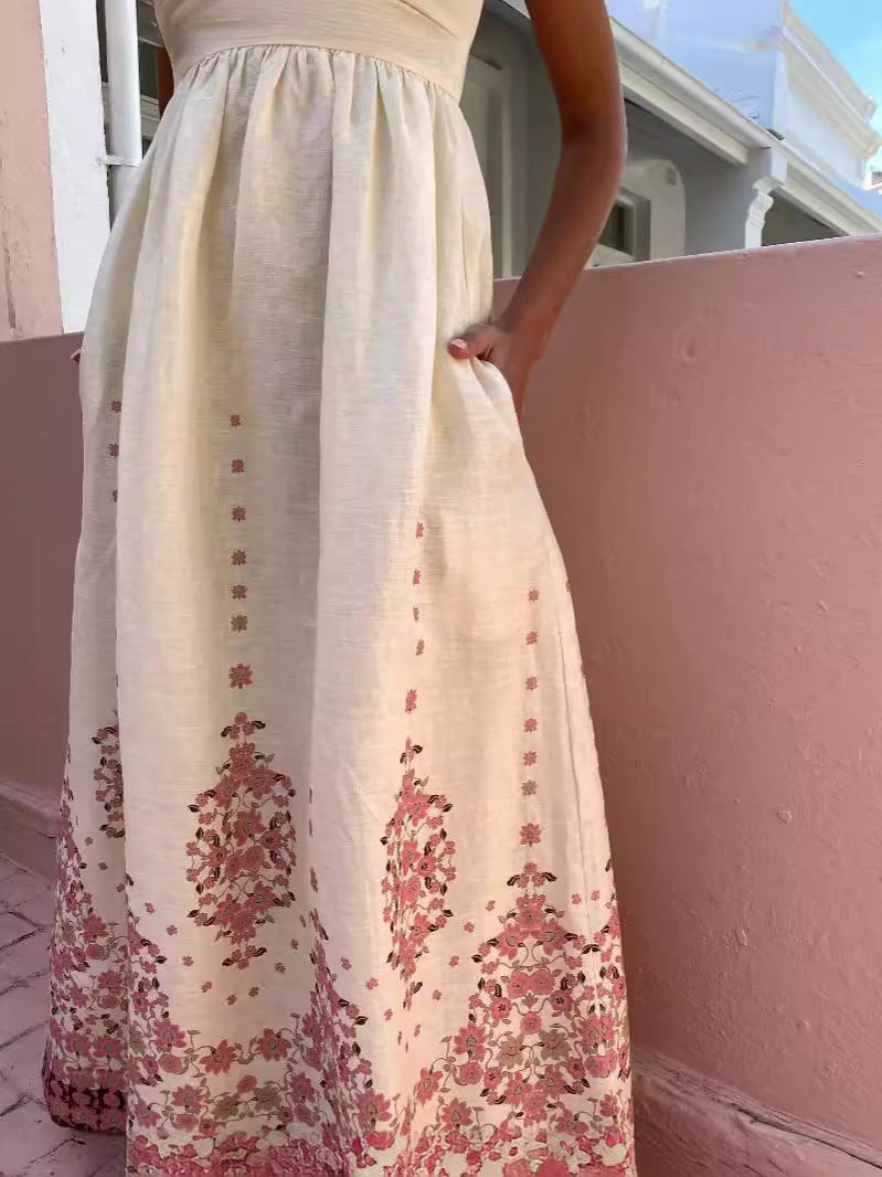 Women's Sexy Boho Vacation Printed Cotton Linen Spaghetti Strap Loose Dress