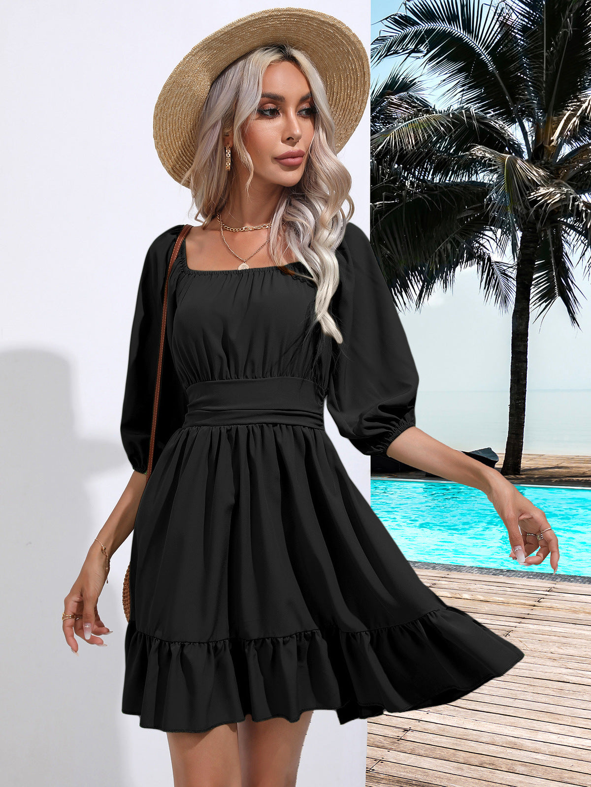 Women's Summer Solid Color Ruffle Square Collar Short Sleeve Bow Backless Dress