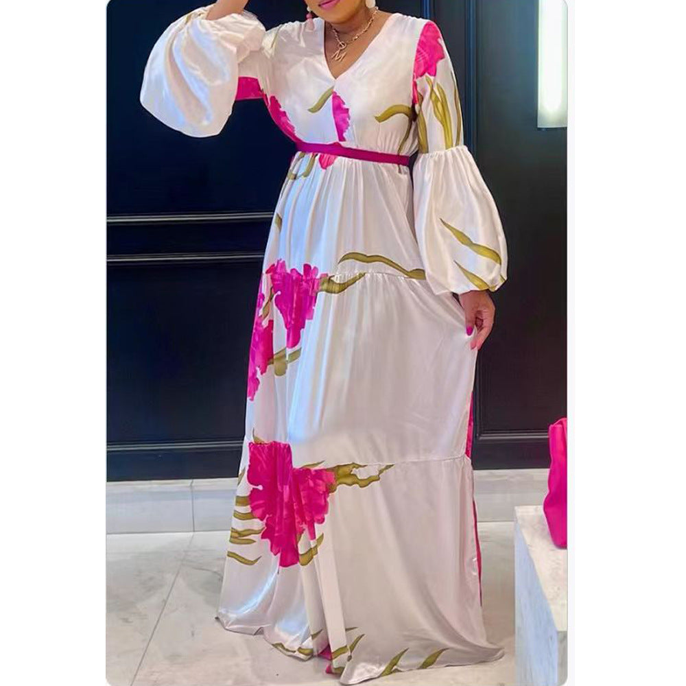 Women's V-Neck Floral Printing Long Sleeve Multi-Layer Stitching Maxi Dress