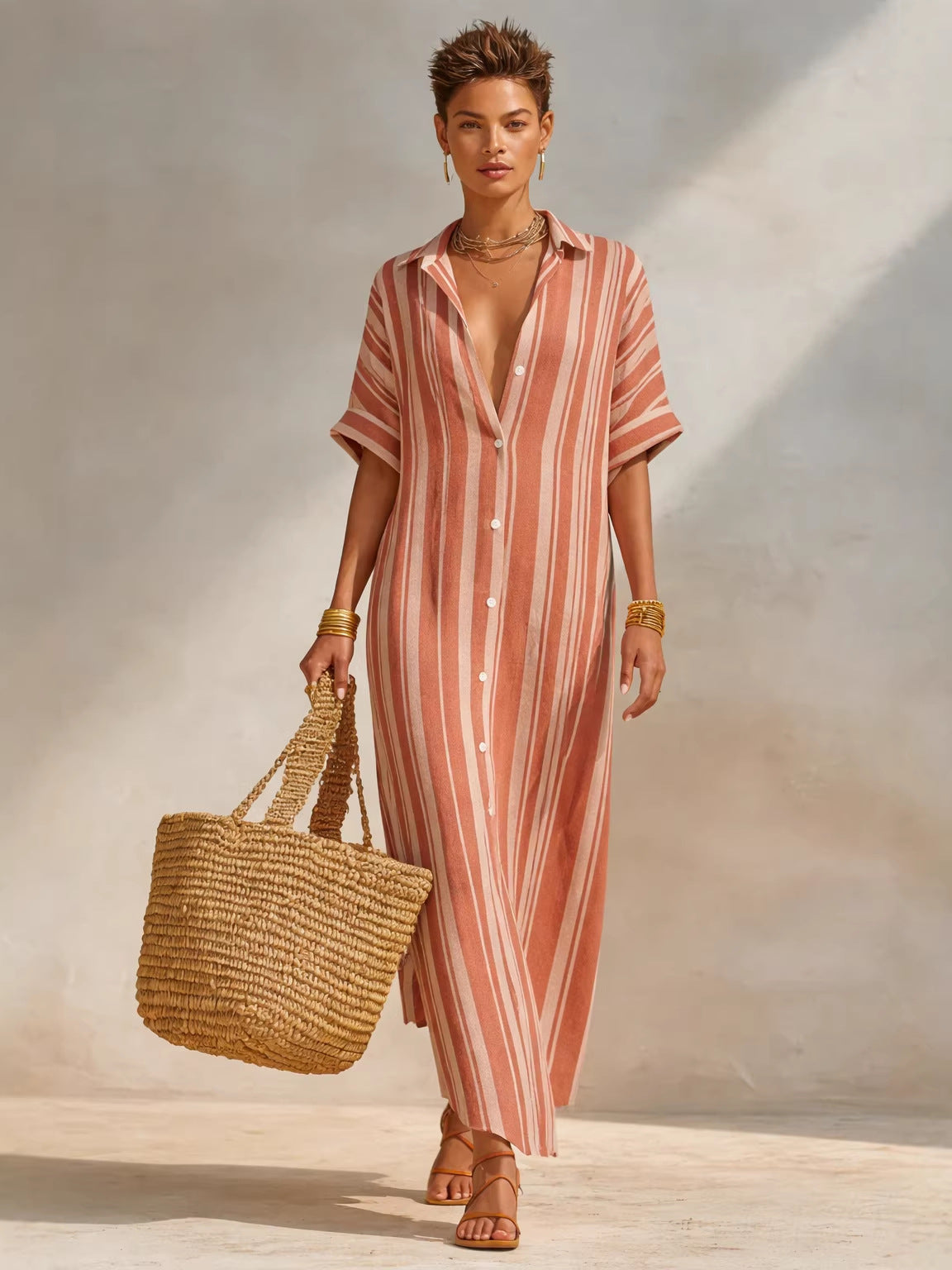 Women's Casual Summer Stripe Lapel Short Sleeve Loose Dress