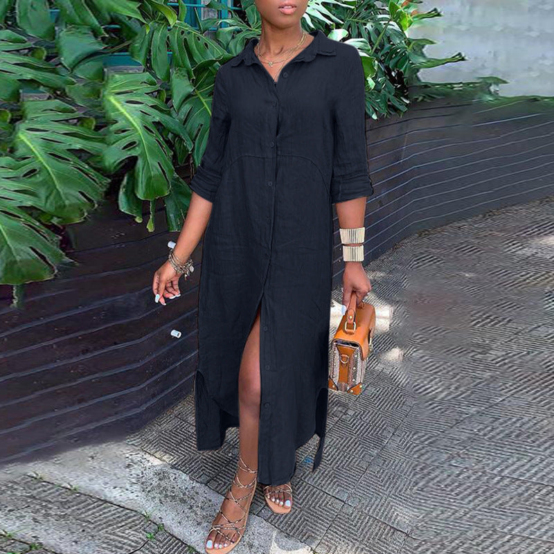 Women's Summer Casual Breathable Cotton Linen Shirt Collar Button-Up Maxi Dress