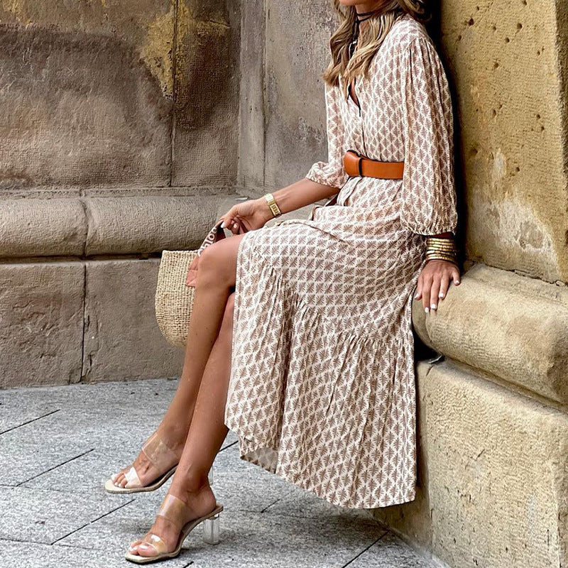 Women's Casual Printed V-Neck Long Sleeve Loose Midi Dress