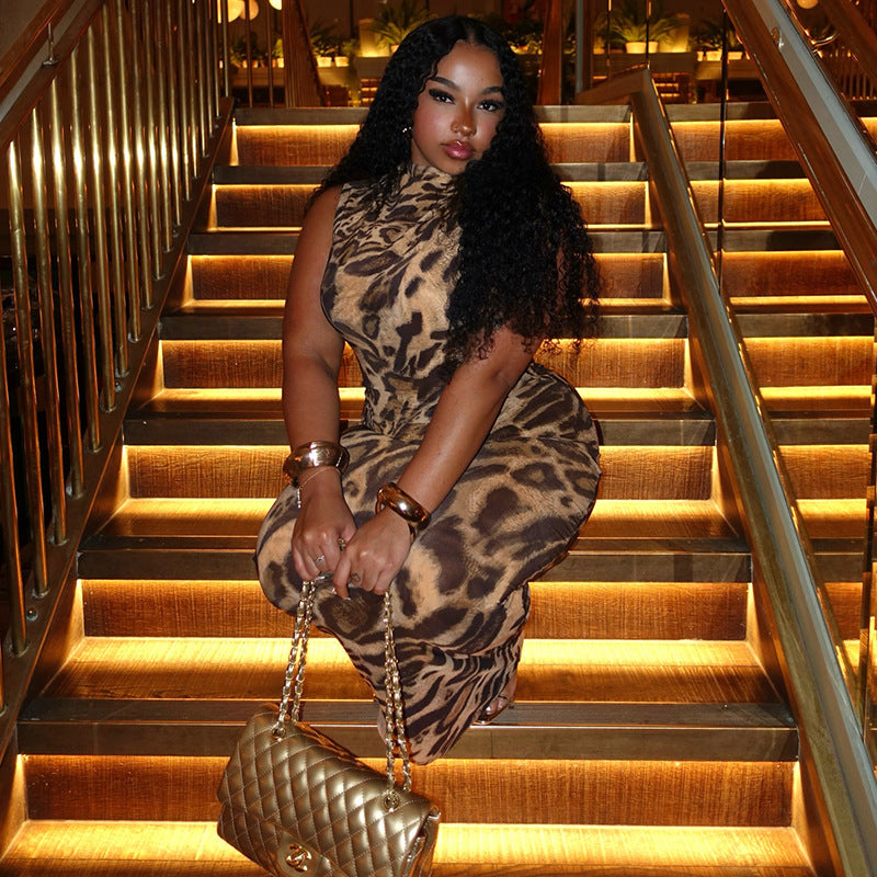 Women's Sexy Leopard Print Sleeveless Maxi Dress
