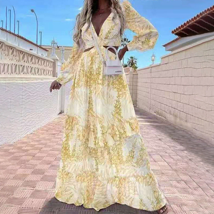 Women's Vacation Bohemian V-Neck Long Sleeve Ruffled All Over Print Tiered Dress