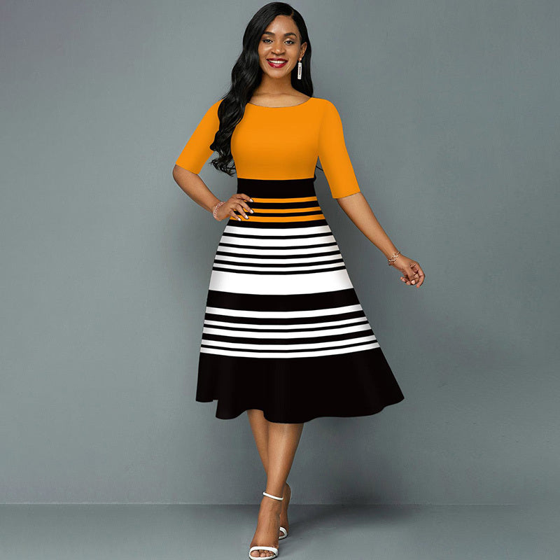 Women's Round Neck Short Sleeves Stripe Color Blocking Summer Swing Dress
