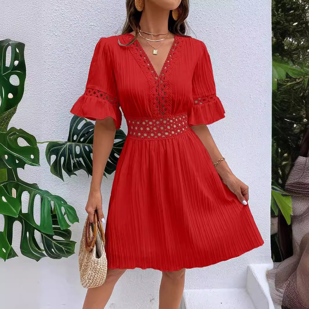 Women's Solid Color Hollow V-Neck Dress