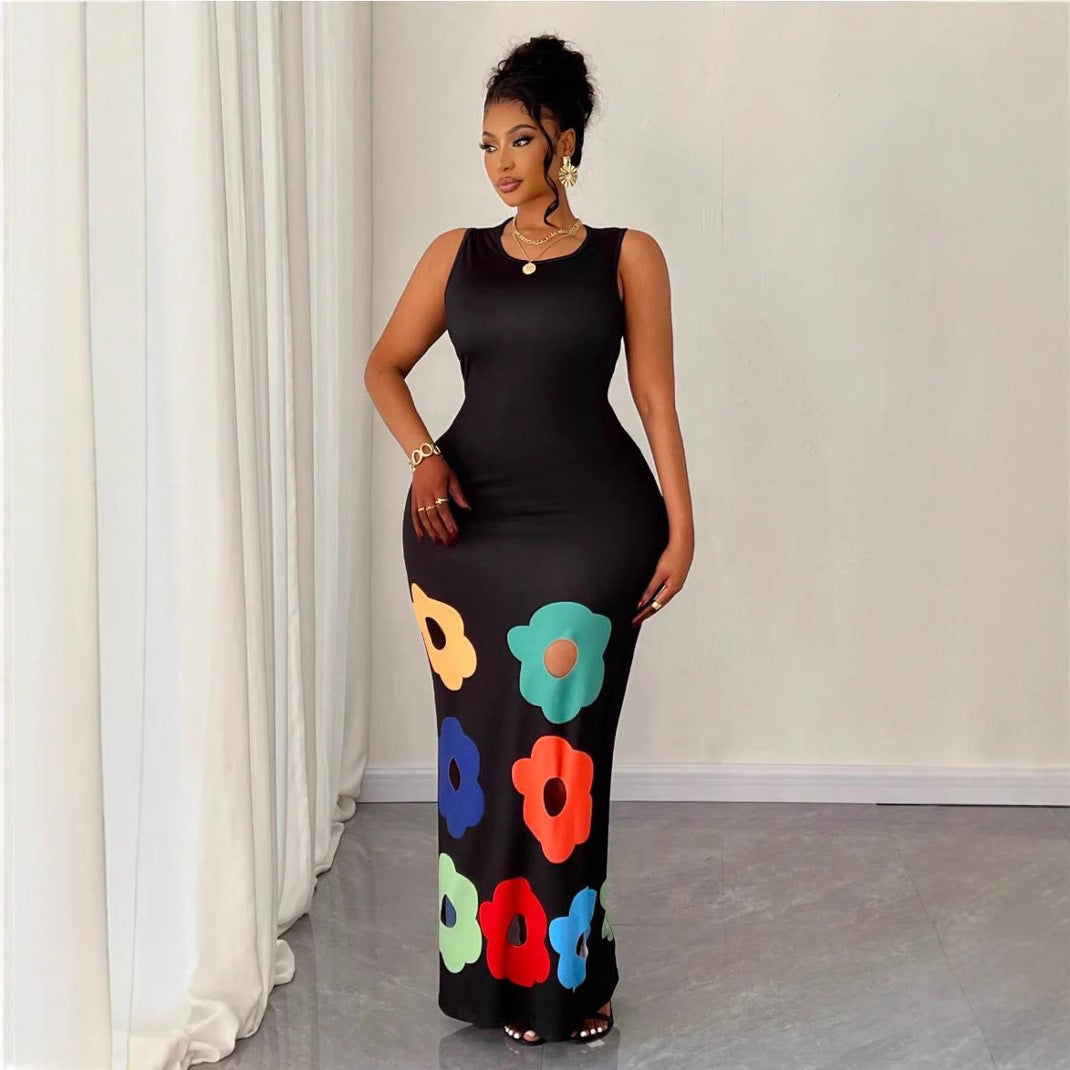 Women's Sexy Floral Printed Round Neck Sleeveless Hollow-Out Slim Fit Dress