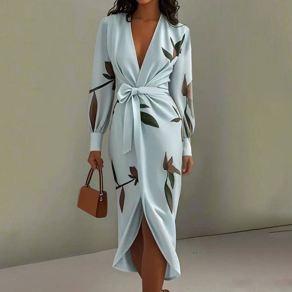 Women's Casual Printed V-Neck Long Sleeve Lace-Up Dress