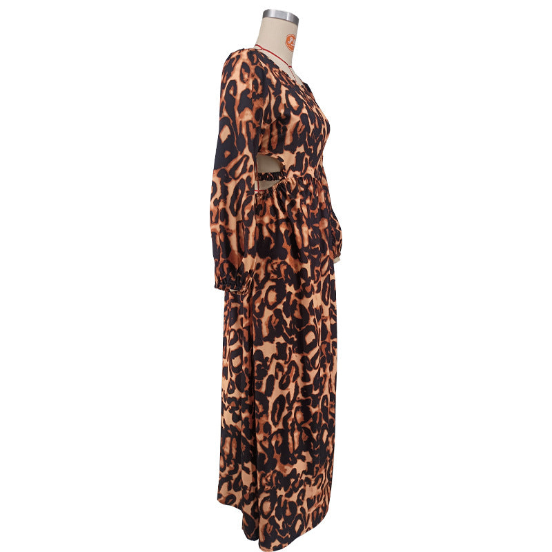 Women's Backless Leopard Printed Long Sleeve Casual Dress