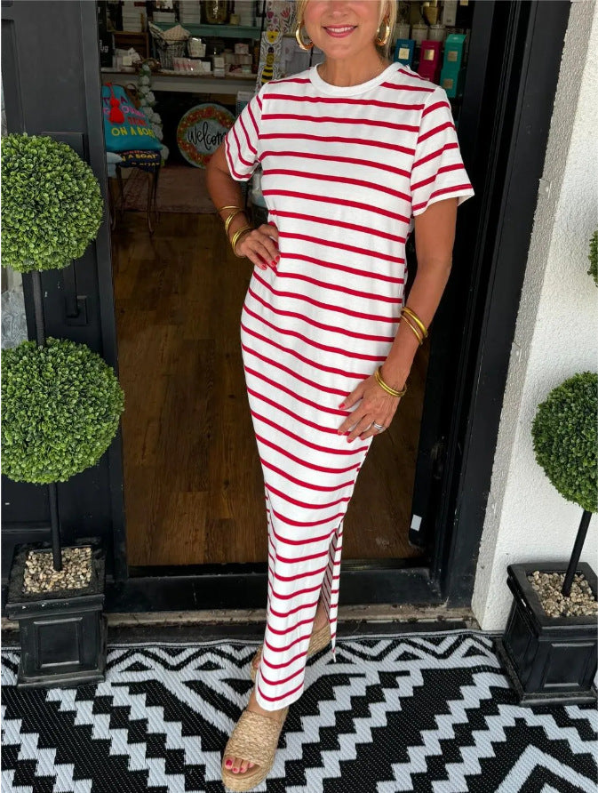 Women's Casual Side Pocket Stripe Round Neck Side-Slit Short Sleeve Maxi Dress