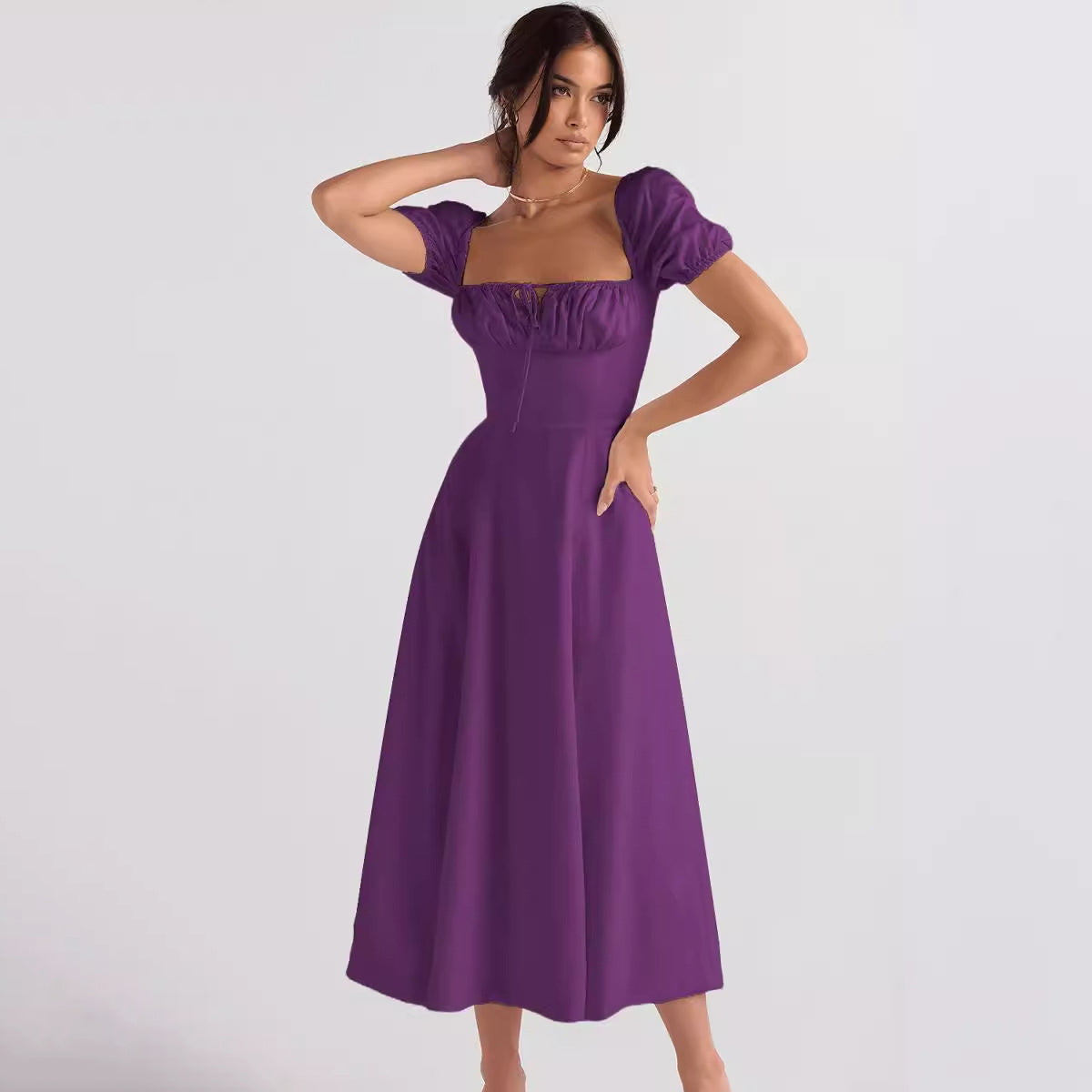 Women's Summer Solid Color Flower Printed Puff Sleeve Lace-Up Split a Line Dress