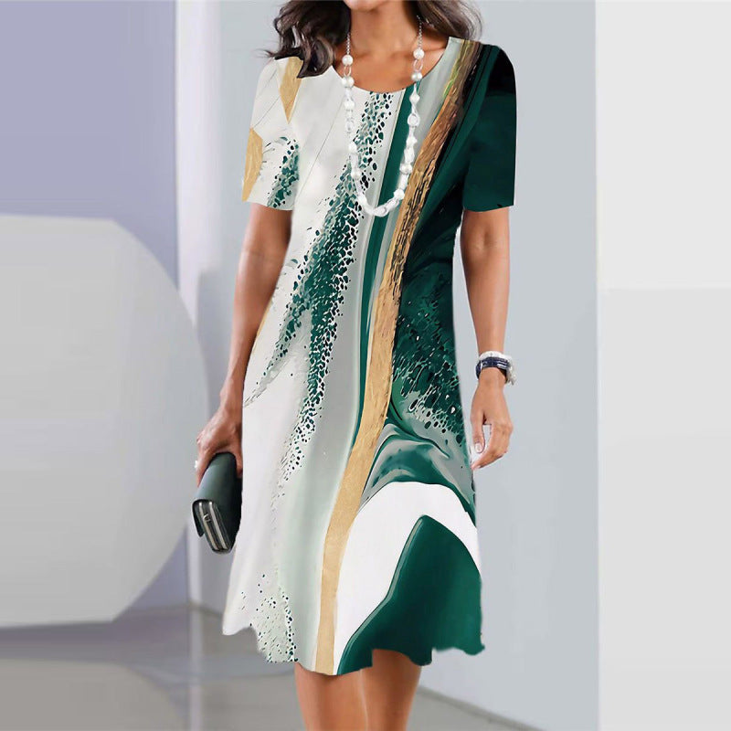 Women's Casual Geometric Print High Waist Midi Dress, Round Neck