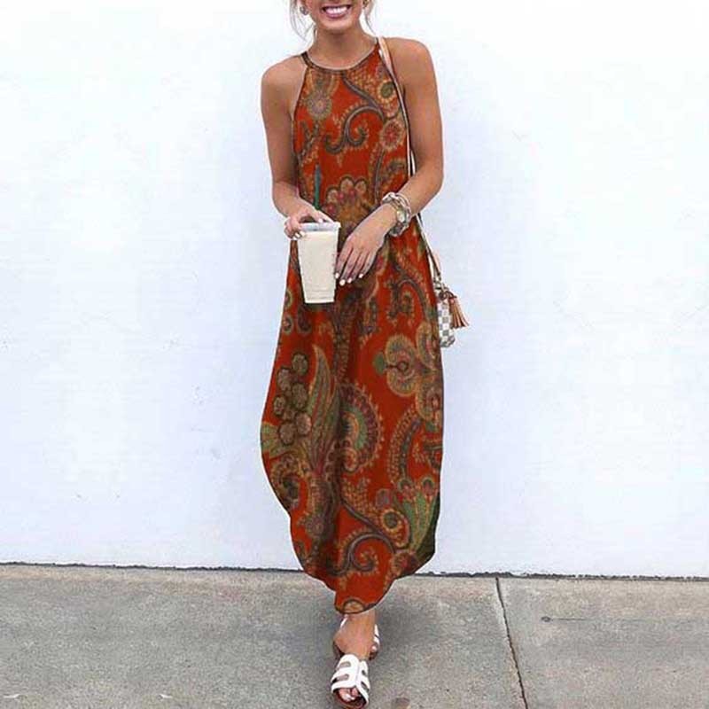Women's Summer Boho Style Paisley Print Halter Neck Maxi Dress