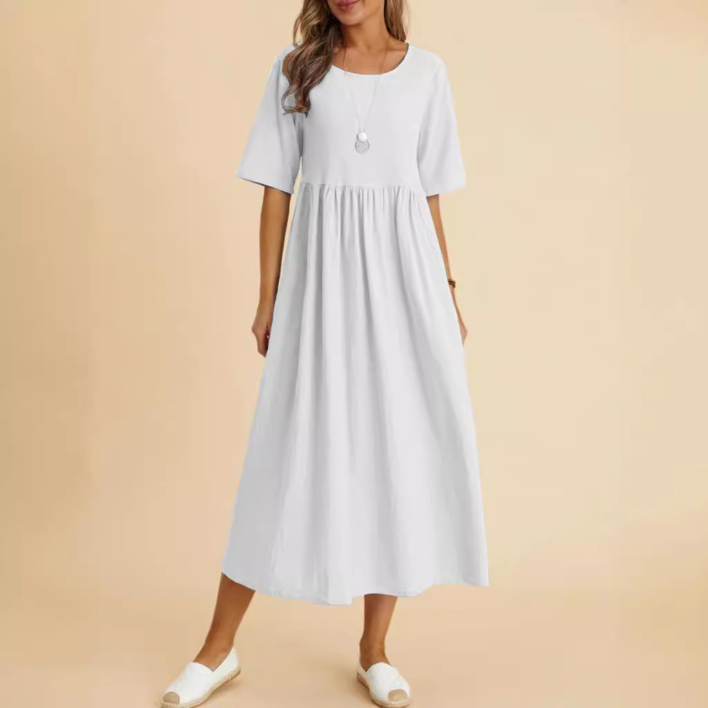 Women's Casual Solid Color Cotton Linen Round Neck Half Sleeve Loose Dress