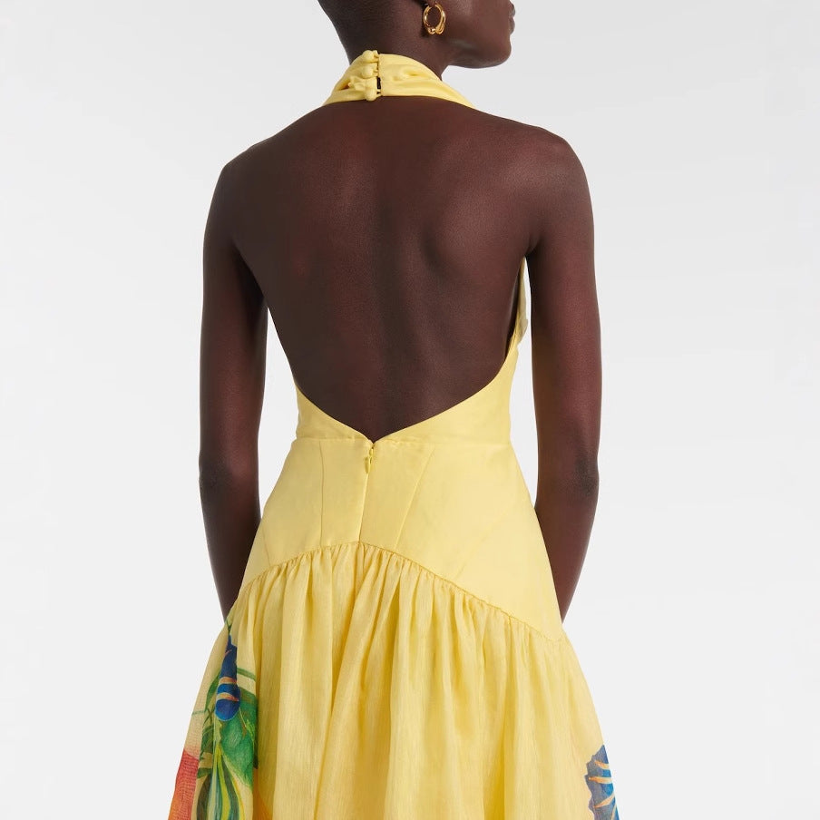 Women's Sexy Printed Deep V-Neck Halter Backless Maxi Dress