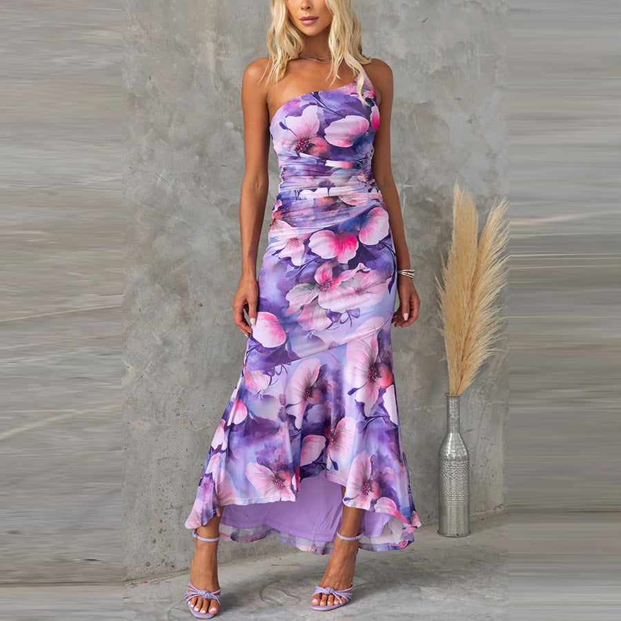 Women's Summer Floral Printed Oblique Shoulder Maxi Dress