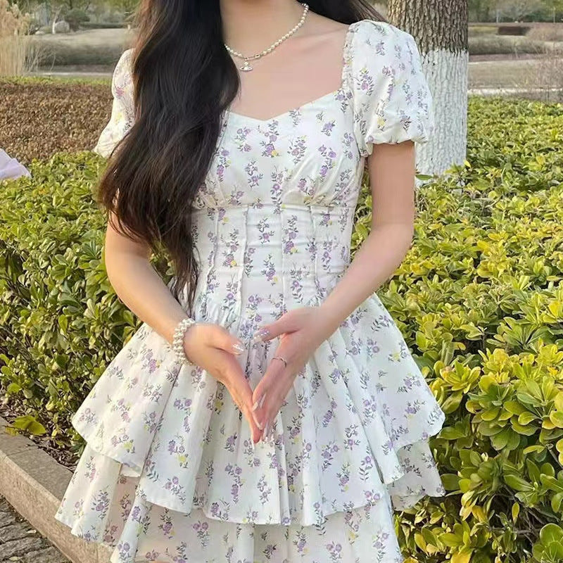 Women's Tiny Flower Print Puff Sleeve Dress