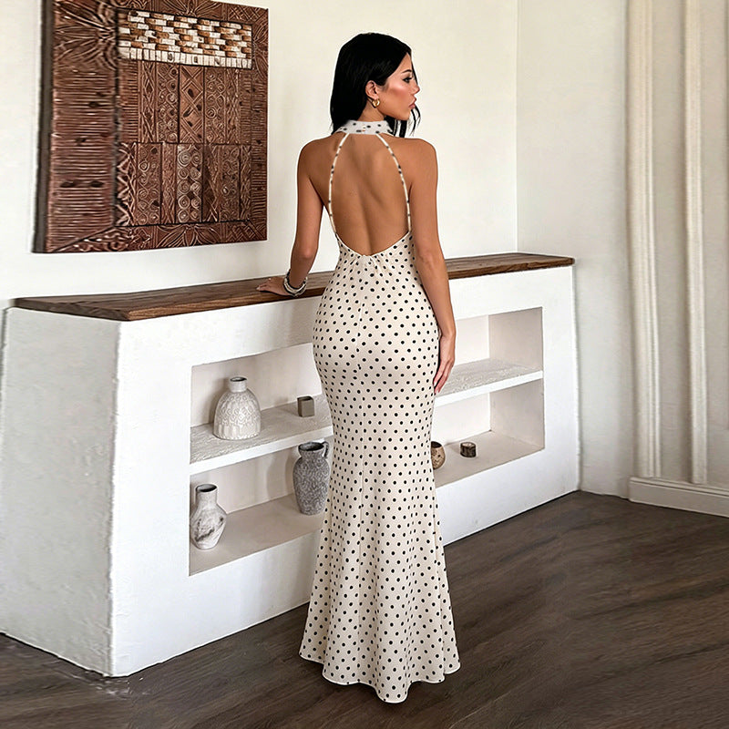 Women's Sexy Summer Polka Dot Print Halter-Neck Pleated Backless Dress