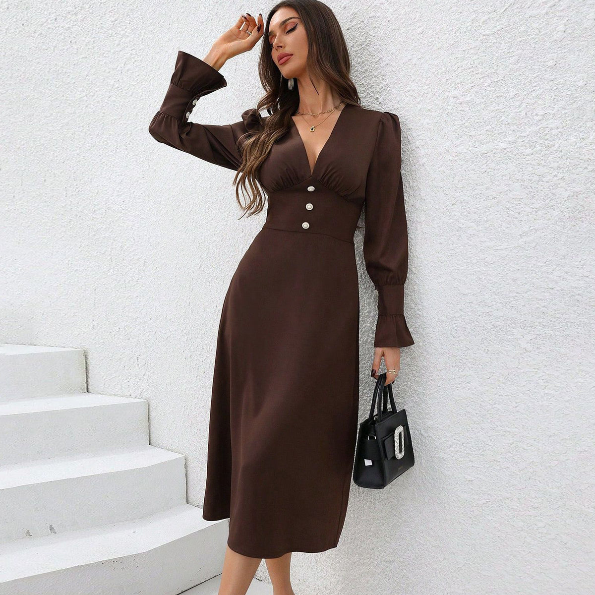 Women's Elegant V-Neck Long Sleeve Solid Color Midi Dress