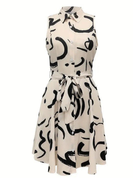 Women's Casual Printed Lapel Sleeveless Lace-Up Dress