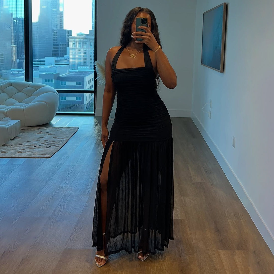 Women's Sexy Solid Color Neck Stitching Maxi Dress